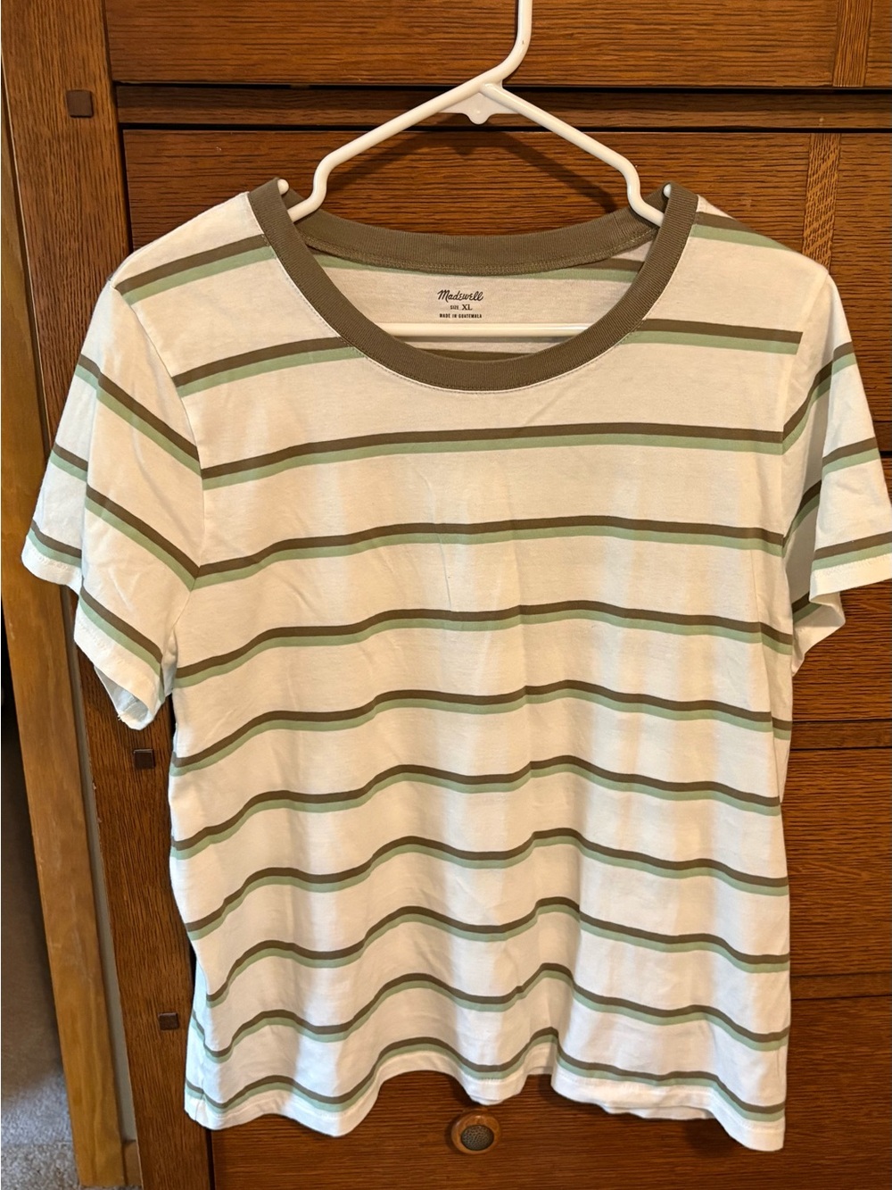 Madewell White Tee with Olive and Light Green Stripes